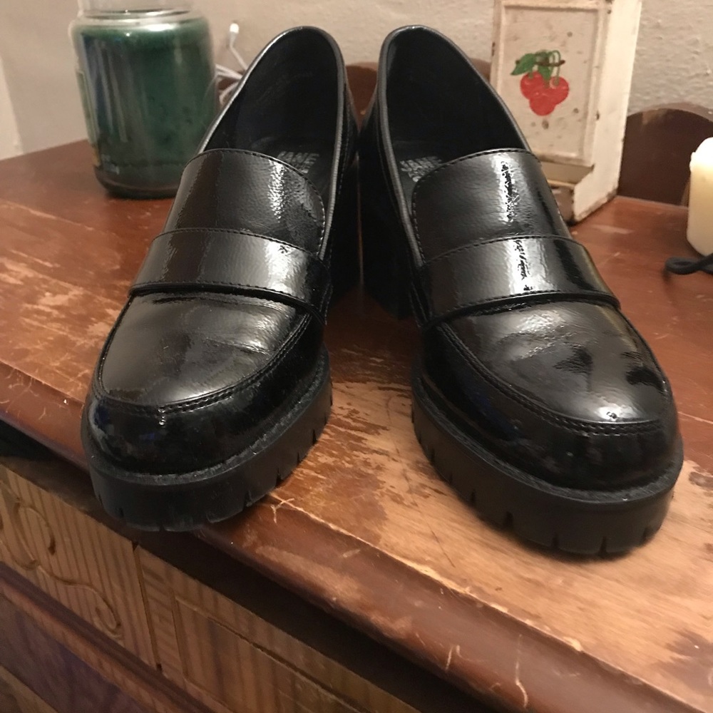 Black patent heeled loafers
